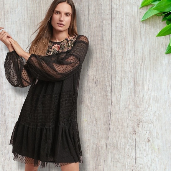 knee length dresses for ladies Gothic Black Floral Mesh Dress with Chiffon Layers main image 0